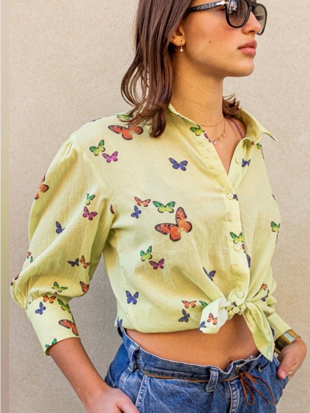sundays Light Lime Butterfly Cotton Button Down Shirt Size S